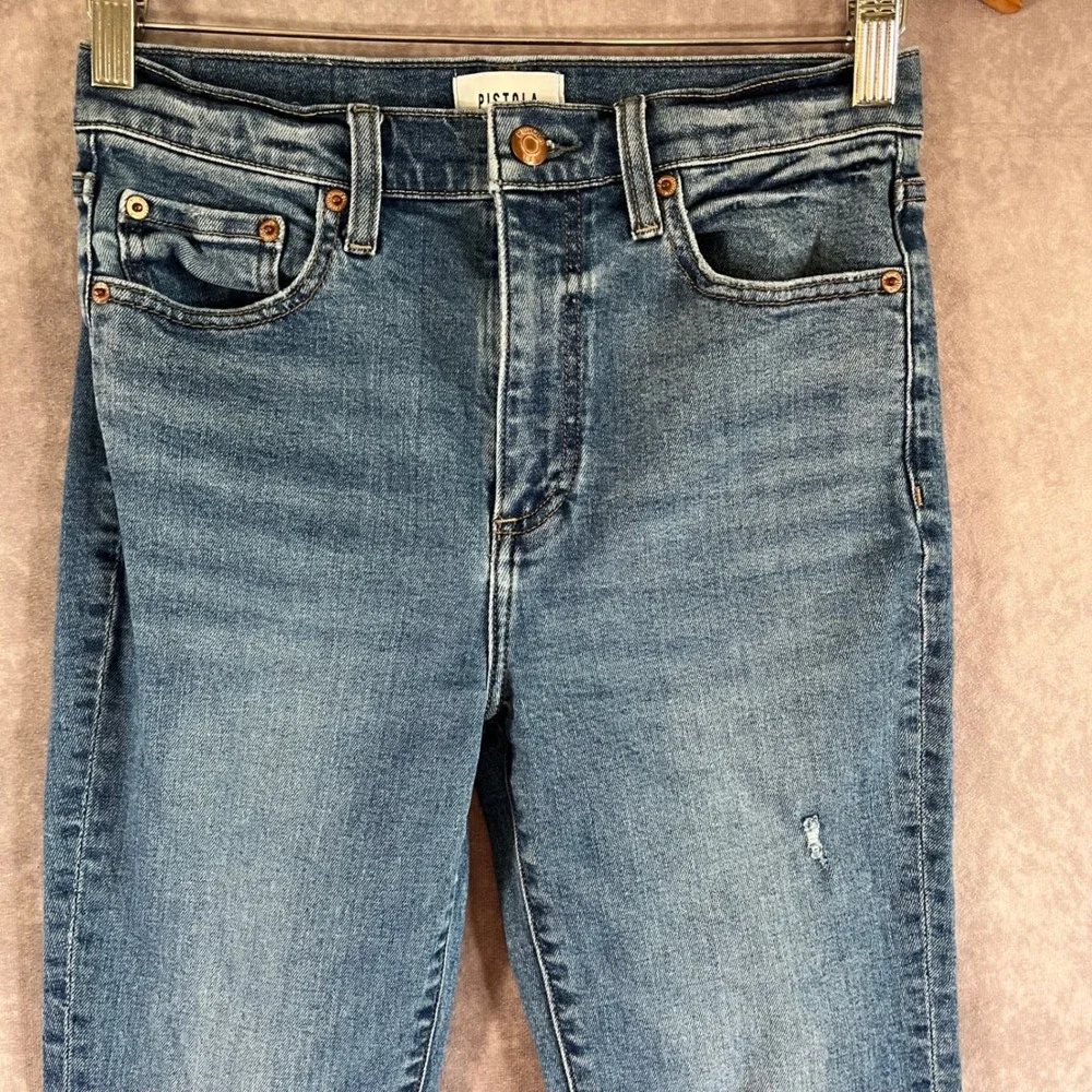 Pistola High Rise Straight Leg Jeans Womens 27 Medium Wash Blue Raw Hem Distress